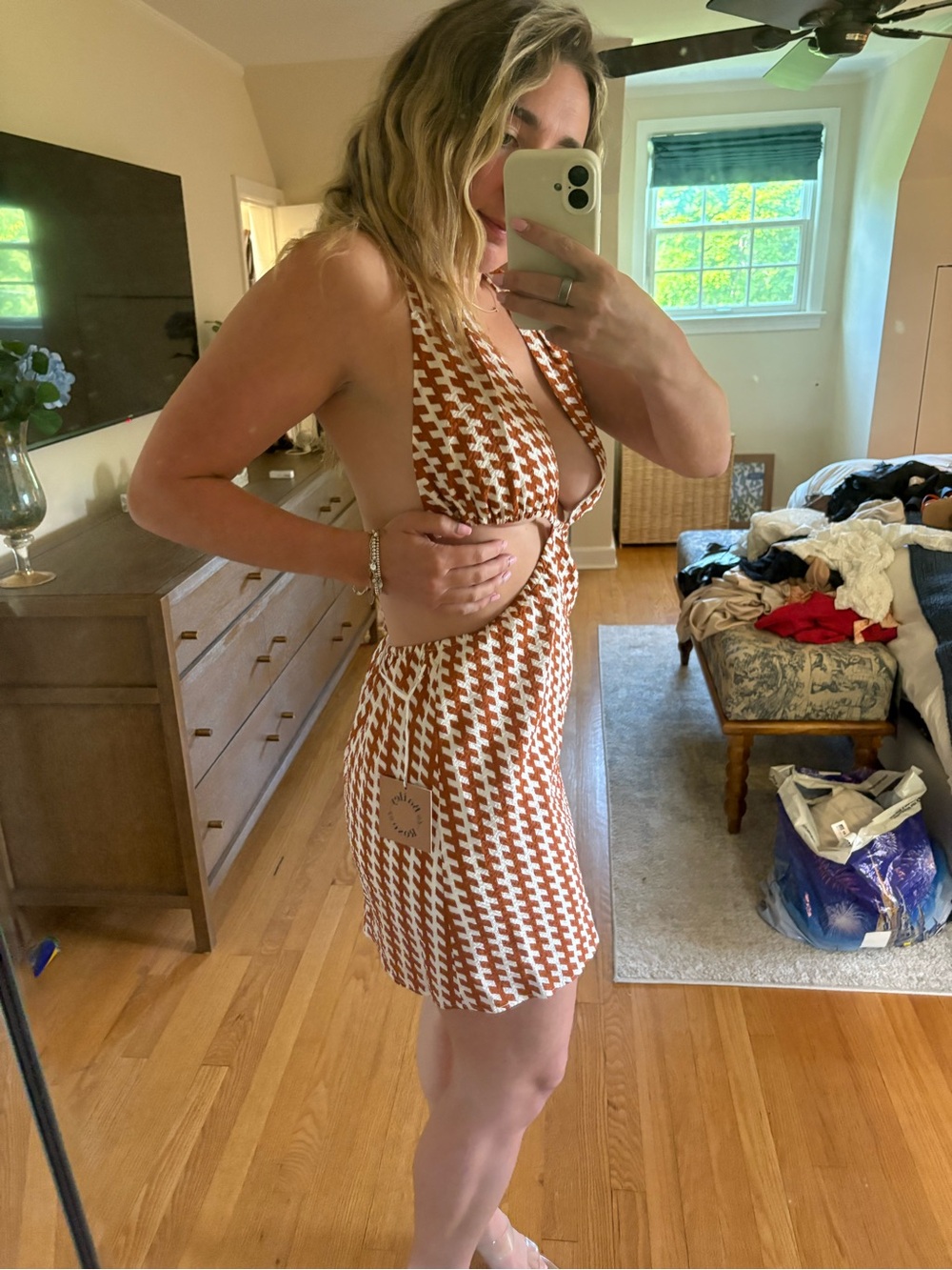 Houndstooth Cutout Halter Mini Dress in Rust and White - Picture 3 of 5
